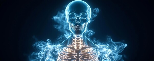 A glowing, translucent skeleton is depicted against a dark background, surrounded by ethereal smoke, illustrating the beauty of human anatomy.