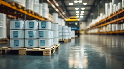 White paint cans stacked on pallets in a modern warehouse, with an industrial truck loading cargo in the background, highlighting stacked acrylic blue and gray label paper in the foreground.