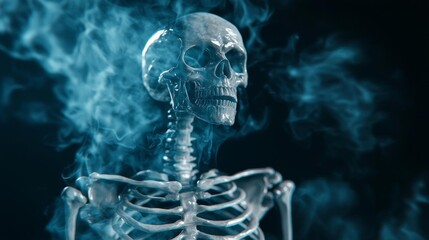 A skeletal figure shrouded in blue smoke, creating a mysterious and eerie atmosphere.