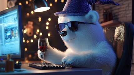  Quirky white bear wearing sunglasses and a wizard hat, holding a glass of wine while working at a computer, blending humor and fantasy with modern tech themes in a whimsical and creative concept.