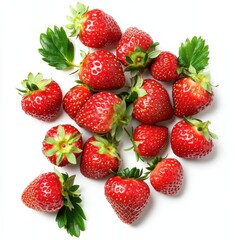 Obraz premium A cluster of fresh strawberries with leaves, isolated white background, abstract art style