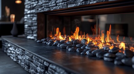 The beautiful close-up of flames on the burnt brick, with orange flames burning fiercely, creates a dramatic scene with intense heat and bright flames, showcasing the primitive power of flames.