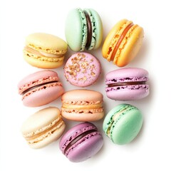 A colorful assortment of French macarons with pastel hues, isolated white background, modern art style