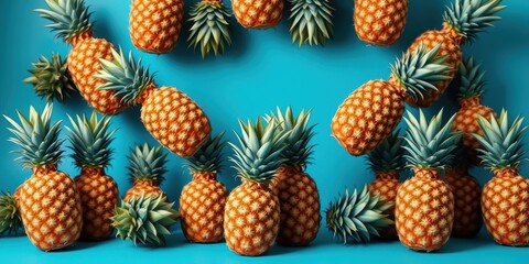 Fototapeta premium A vibrant display of pineapples arranged in a symmetrical pattern against a bright blue background, showcasing their golden scales and spiky green tops.