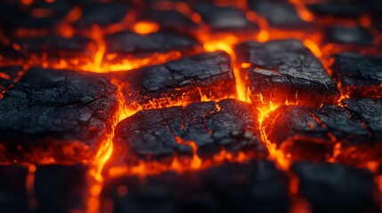 The beautiful close-up of flames on the burnt brick, with orange flames burning fiercely, creates a dramatic scene with intense heat and bright flames, showcasing the primitive power of flames.