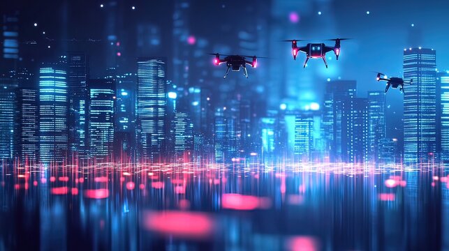Futuristic city skyline at night with three drones flying above.