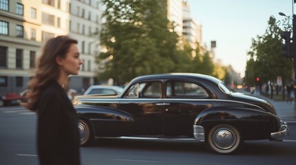 A woman walks past a classic black car on a city street.