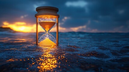 Glowing Hourglass Icon Floating in Tranquil Seascape at Sunset