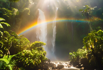 rainforest waterfall with sunlight rainbow
