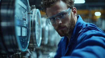 The technician is wearing blue work clothes and safety goggles and carrying out maintenance work on the natural gas compression station. Large compressors are displayed in the background