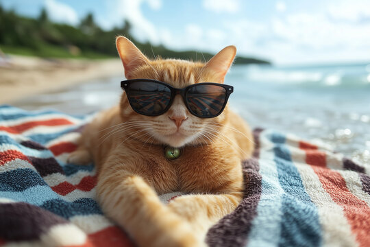 An orange cat wearing sunglasses lying on a striped beach towel near the shoreline