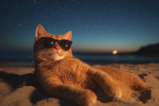 An orange cat wearing sunglasses lounging on the beach under a clear night sky with stars