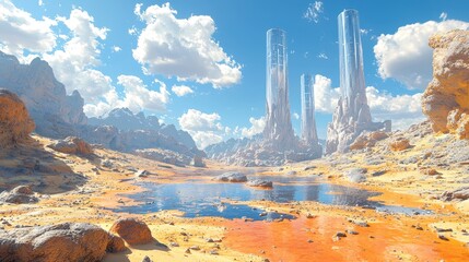 A futuristic desert with shimmering holographic oases, where advanced water harvesting devices extract moisture from the air. Tall, sleek towers built with solar-reflective materials rise in 