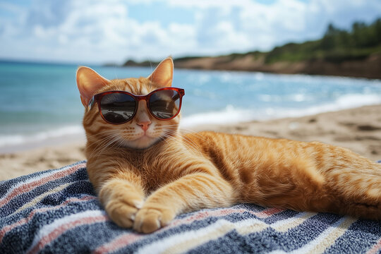 An orange cat wearing sunglasses lying on a striped beach towel near the shoreline