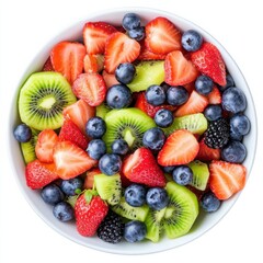 Obraz premium A colorful fruit salad with strawberries, blueberries, and kiwi slices