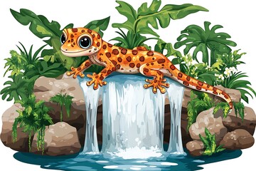 Naklejka premium A colorful lizard perched on rocks by a waterfall in a lush tropical setting.