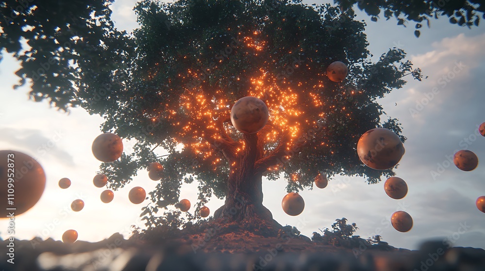 Poster a surreal tree with glowing orbs, creating a mystical atmosphere in a natural landscape.