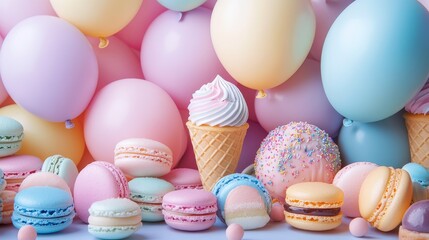 Obraz premium A brightly colored background featuring soft toned balloons, donuts, and ice cream cones, with various colored and shaped macarons placed at the bottom, creating a joyful and celebratory atmosphere.
