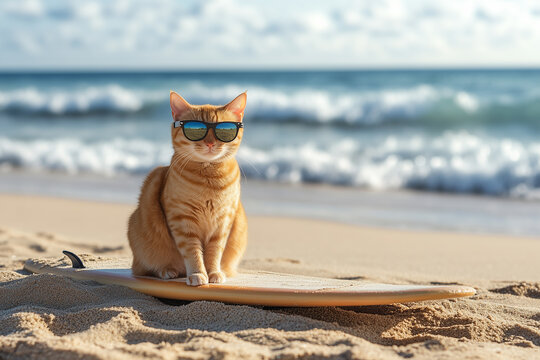 An orange cat wearing sunglasses sitting on a surfboard in the sand with ocean waves in the background