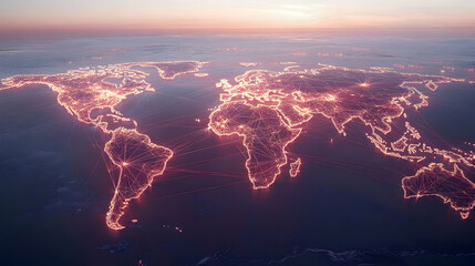 Global connectivity illuminated world map aerial view digital network evening glow technology concept for seo impact