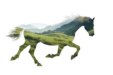 Obraz premium A silhouette of a horse filled with a scenic landscape of rolling hills and greenery.