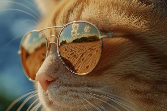 Close-up of an orange cat wearing sunglasses with beach reflections in the lenses