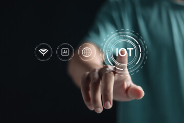 Smart business IOT, internet of things concept. Person connecting to internet to access AI artificial intelligence and business analysis