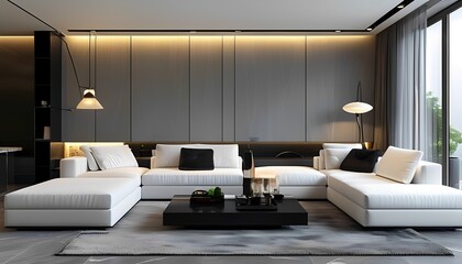 Modern living room design contemporary apartment interior photography urban environment wide angle view minimalist aesthetic