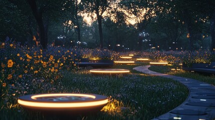 A serene meadow with bioengineered flowers glowing softly in the twilight, monitored by hovering drones. Solar-powered benches equipped with holographic interfaces allow visitors to interact 