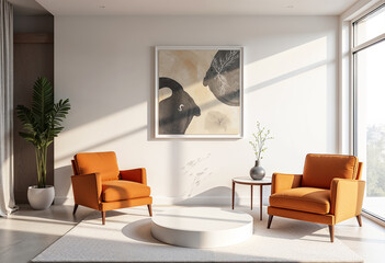 Fototapeta premium Minimalist Living Room with Two Orange Armchairs and Abstract Art