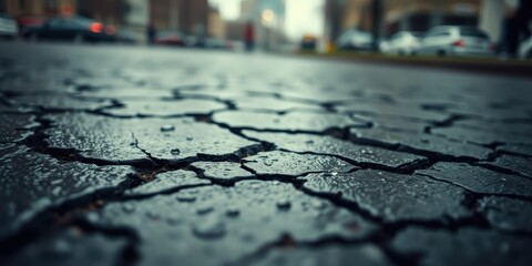 A close-up view of a wet cobblestone street with raindrops glistening on the surface. The background is blurred, suggesting a cityscape beyond.