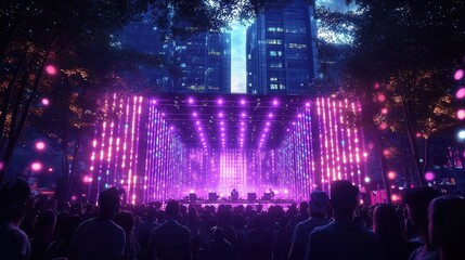 Fototapeta premium A summer music festival with a vibrant crowd dancing in front of a neon-lit stage. Laser lights cut through the night sky as DJs perform high-energy sets. The electric atmosphere highlights 