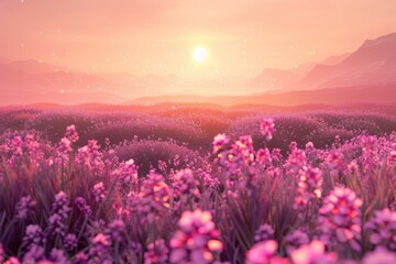 Obraz premium A field of pink flowers at sunset with a bright sun and distant mountains.
