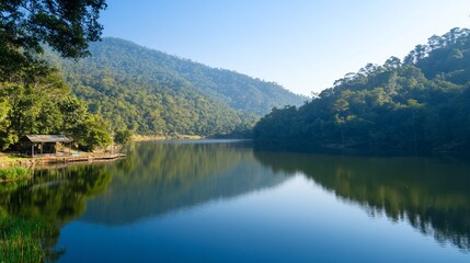 Serene lake surrounded by lush mountains under a clear sky.