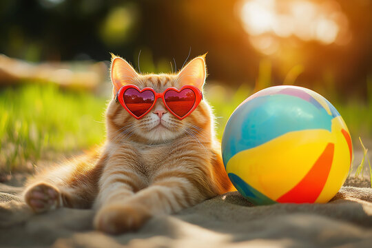 An orange cat wearing heart-shaped sunglasses with a colorful beach ball nearby