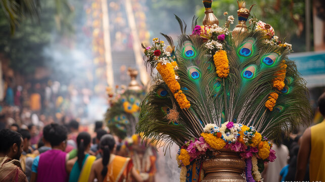Thaipusam celebration in Malaysia Hindu devotees carrying large brightly colored kavadis decorated with peacock feathers and flowers, Ai generated images