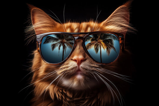 An orange cat wearing reflective sunglasses with palm trees mirrored in the lenses