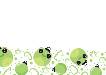 christmas or new year horizontal posters with round balls and different christmas toys with green frog design, for different holiday ads and banners