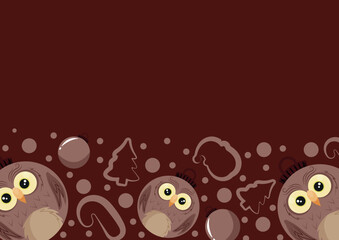 christmas or new year horizontal posters with round balls and different christmas toys with brown owl design on a brown background, for different holiday ads and banners