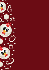 christmas or new year posters with round balls and different christmas toys with white rooster design on a red background, for different holiday ads and banners