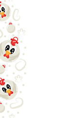 christmas or new year posters with round balls and different christmas toys with white rooster design, for different holiday ads and banners