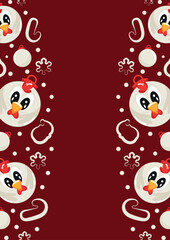 christmas or new year posters with round baubles and different christmas toys with white rooster design on both sides of the poster on a red background, for different holiday ads and banners