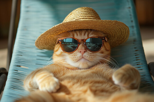An orange cat wearing sunglasses and a straw hat lounging on a sunbed