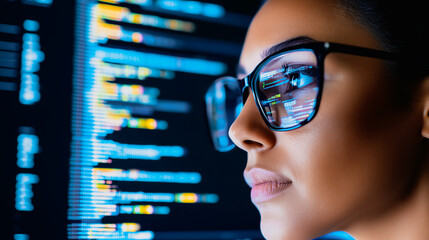 Focused professional analyzing computer code. Reflections in glasses highlight intricate details on the digital screen.