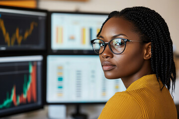 Focused professional analyzing multiple screens with financial data, wearing glasses, in a modern office setting.
