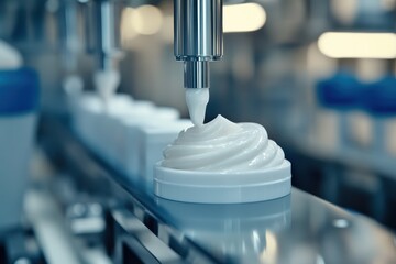 Cream filling a cosmetic jar on a production line. Shows automated process of manufacturing beauty products.