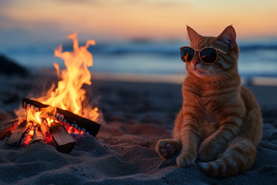An orange cat wearing sunglasses chilling next to a beach bonfire at dusk