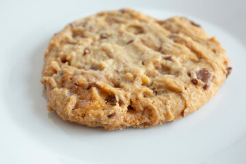 A view of an oatmeal chocolate chip cookie.