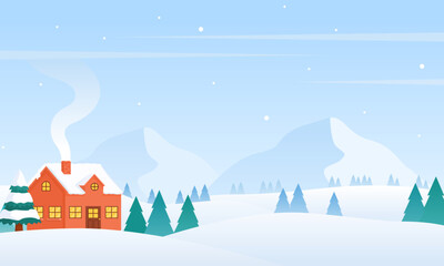 Naklejka premium Winter cozy red house with a snowy roof, nestled in a flat illustration winter landscape. Pine trees and distant mountains complete the scene. Perfect for winter-themed designs