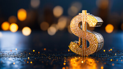 Golden dollar symbol against bokeh background, representing wealth, prosperity, and financial success in a vibrant setting.